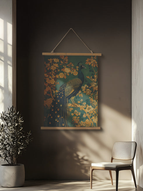 A wall tapestry featuring a detailed teal peacock with golden accents and intricate plumage, surrounded by ornate golden flowers and foliage on an emerald green background, mounted between wooden dowels with twine.